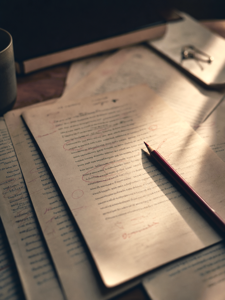 manuscript pages on a desk